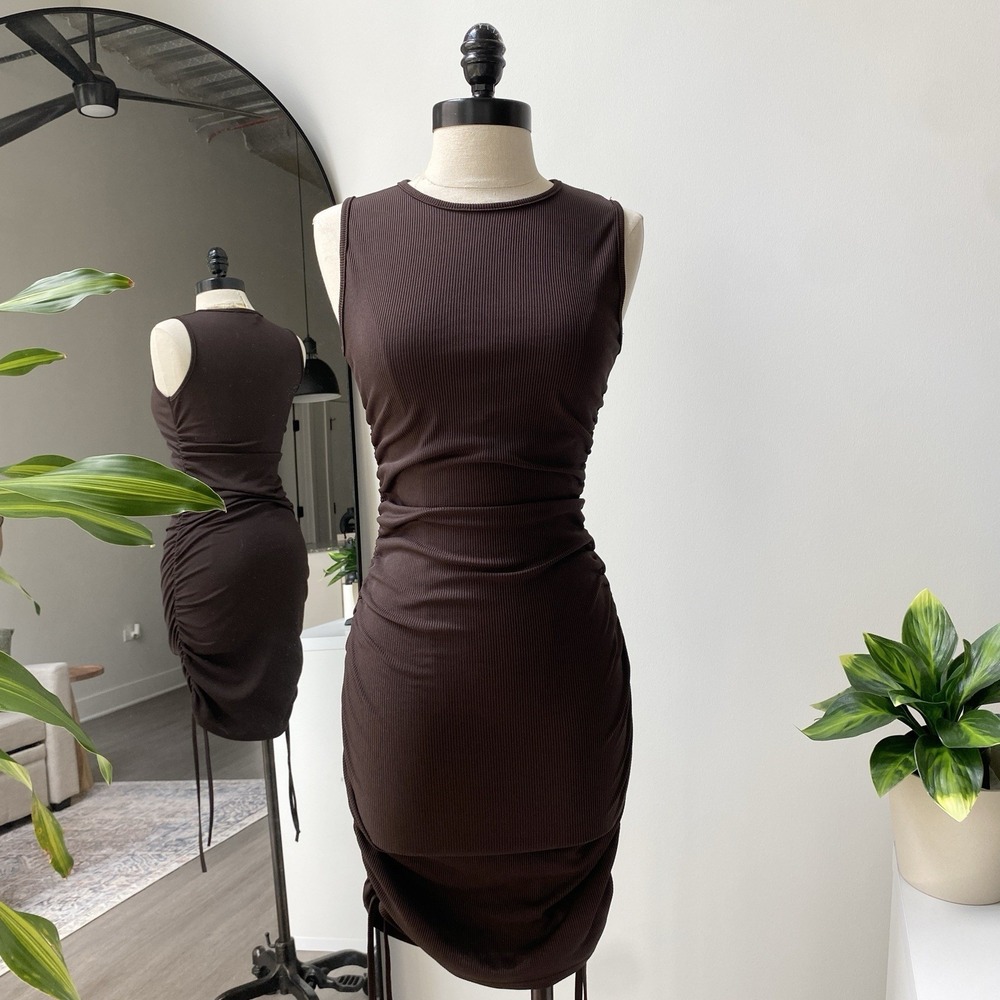 PrettyLittleThing Chocolate Brown Boat Neck Ruched Bodycon Women's Dress Size 8